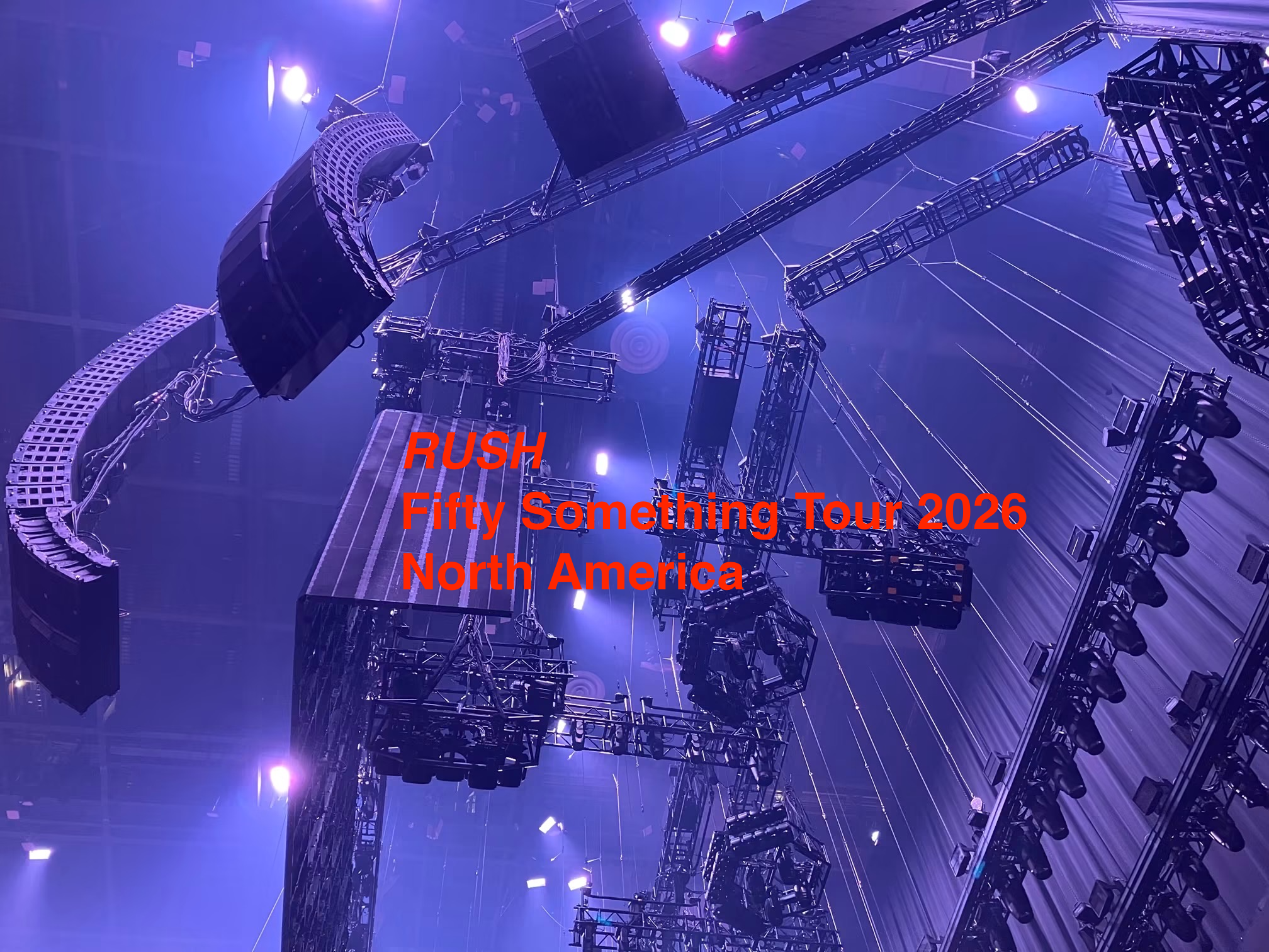 Overhead lighting, sound and production rig at a RUSH Fifty Something Tour arena show